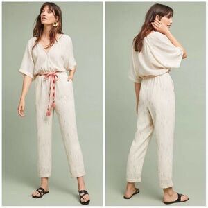 ANTHROPOLOGIE Feather Bone Soleil Belted Wrap
Front Stripe Jumpsuit Ivory Sz SM